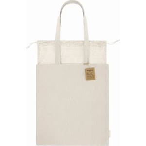 A tote bag in a cream colour with two handles and a natural woven mesh section at the top.