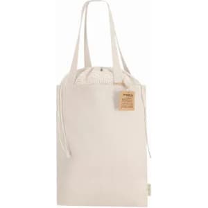 A beige tote bag with a drawstring closure and handles, featuring a textured inner lining and a small tag.