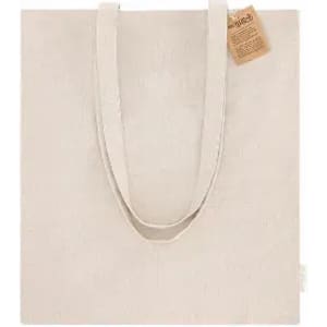 A beige tote bag with two handles and a tag, featuring a simple, minimalist design.