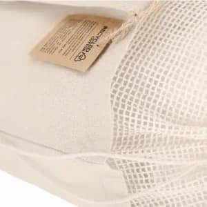 A beige promotional product with a textured, woven design and a tag attached.