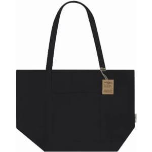 A black tote bag with two handles and a front pocket. It features a tag and a simple, modern design.