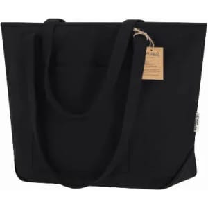 A black tote bag with sturdy handles and a tag, featuring a simple, minimalist design.
