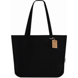 A black tote bag with long handles and a front pocket, featuring a hang tag.