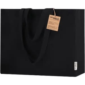 A tote bag in black with two handles and a tag, featuring a logo on the side.