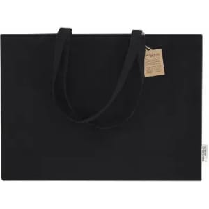 A black tote bag with dual handles and a tag attached. Simple and stylish design.