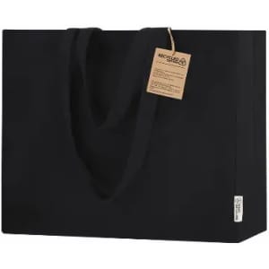A reusable tote bag in black made from recycled materials, featuring dual handles and a tag.