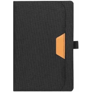A notebook with a black cover and a small orange accent on the front, featuring a secure closure.