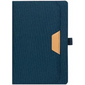 A notebook in navy blue with a textured cover and a tan leather-like accent, featuring a flap and a ribbon bookmark.