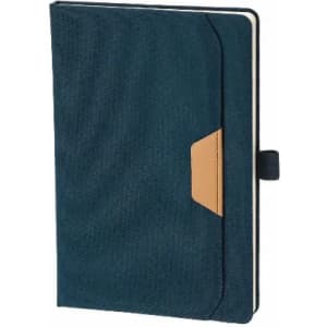 A notebook with a dark blue cover and a tan leather accent, featuring a closing mechanism on the side.
