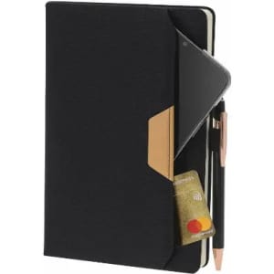 A black notebook with a pen, card holder, and a phone peeking out, featuring a logo on the cover.