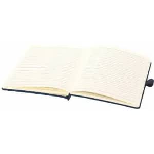 A notebook with a navy blue cover and lined pages, featuring an elastic band and a ribbon bookmark.