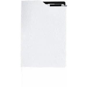 A white clipboard with a black pen attached, featuring a textured surface.