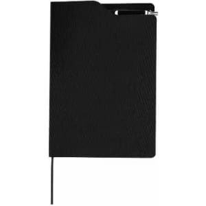 A black notebook with a pen tucked into the side and a ribbon bookmark. The cover features a textured finish.