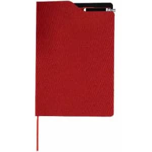 A red notebook with a textured cover, featuring a pen holder and ribbon bookmark. It includes a logo on the cover.