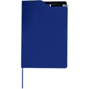 A blue notebook with a textured cover and a pen holder on the side. It features a ribbon marker.