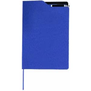 A blue notebook with a textured cover, featuring a pen pocket and a ribbon bookmark.