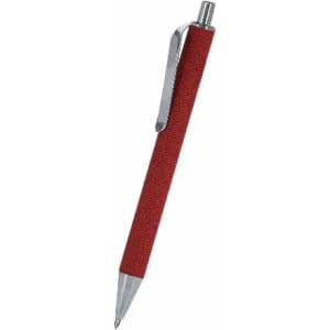 A red pen with a textured grip and a silver clip. The tip is retractable.
