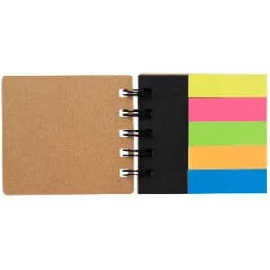 A note pad featuring a cork cover and five colourful sticky note sections: pink, yellow, green, blue, and black.