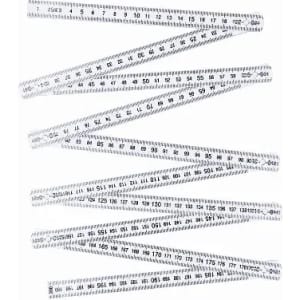 A measurement tape in a zigzag pattern, featuring markings in both centimetres and inches, predominantly in white.