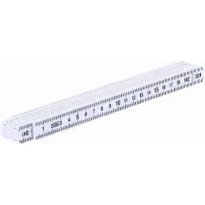 A ruler with metric measurements, featuring a white body and black markings for measuring lengths.