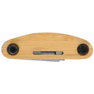 A multi-tool with a bamboo handle and metal components, featuring a sleek, rounded design.