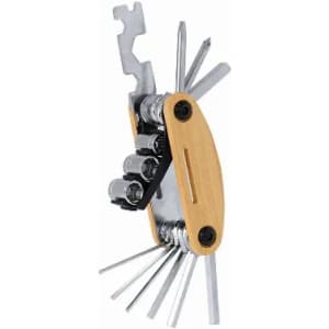 A multi-tool featuring a wooden handle, various metal tools, and a combination of screwdriver and wrench attachments.