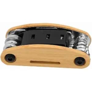 A multi-tool with a wooden and metal design, featuring various tools and a sleek, compact shape.