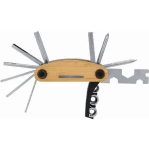A multi-tool featuring a wooden handle, multiple metal tools, and an integrated bottle opener.