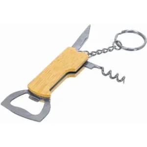 A multi-tool featuring a wooden handle, a knife, bottle opener, corkscrew, and keyring attachment.