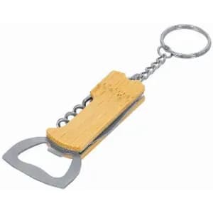 A bottle opener keychain with a wooden handle and metal opener, featuring a keyring attachment.