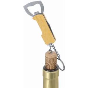 A drink bottle with a cork stopper, featuring a wooden bottle opener attached by a chain. The bottle has a metallic finish.