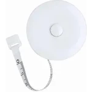 A drink bottle with a white circular body and a retractable measuring tape attached. It features a small branding logo.