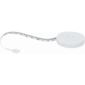 A tape measure featuring a white casing with a retractable measuring tape. The tape displays measurements in centimetres and inches.