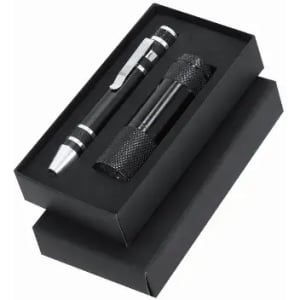 A gift set featuring a black pen and flashlight, presented in a sleek black box.