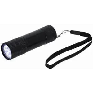A black flashlight with a textured grip and a wrist strap, featuring a bulb at one end.