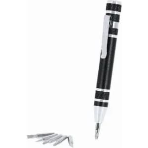 A black multi-tool pen features a shiny silver tip and includes multiple interchangeable screwdriver bits.