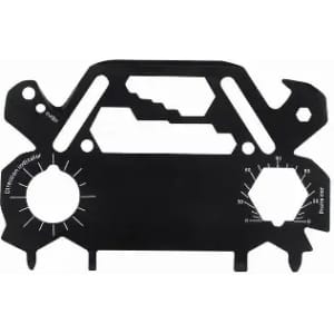 A multi-tool card with various measurements and features, presented in black with cut-out designs.