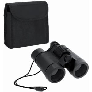 A pair of black binoculars with a carry case. The binoculars feature a neck strap for easy handling.