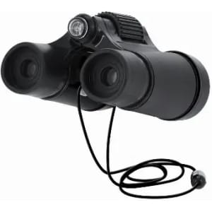 A pair of black binoculars with a light and a cord attached, featuring a compact design.