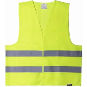 A high visibility safety vest in bright yellow with grey reflective stripes. It features a sleeveless design and a logo.