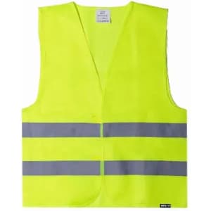 A high-visibility safety vest in bright yellow with reflective grey stripes. It features a sleeveless design.
