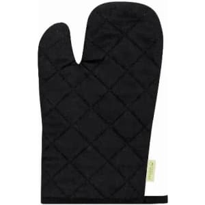 A black oven mitt with a quilted pattern and a hanging loop. It features a small logo tag.