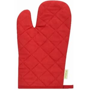 A red oven mitt with a quilted design and a hanging loop. It features a brand tag at the base.