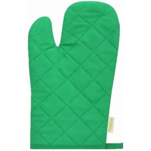 A green quilted oven mitt featuring a thumb and a hanging loop. It has a simple design with stitching details.