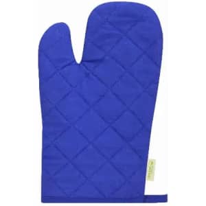 A blue quilted oven mitt with a textured surface and a loop for hanging. It has a branded tag.