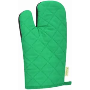 A green quilted oven mitt with a textured surface and a tag. It has a two-finger design for grip.