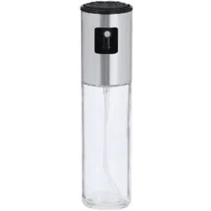 A drink bottle with a transparent body, silver top, and a spray nozzle. It features a logo on the top.