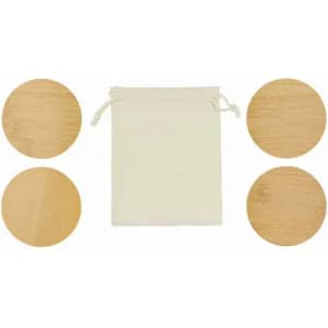 A set of wooden coasters and a cream drawstring bag. Four coasters are displayed around the bag.