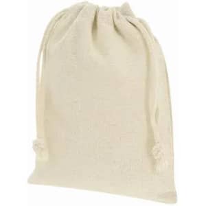 A drawstring bag in a natural, off-white colour with a textured fabric, featuring two tied cords at the top.