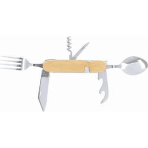 A multi-tool utensil featuring a knife, fork, spoon, can opener, and corkscrew with a wooden handle.